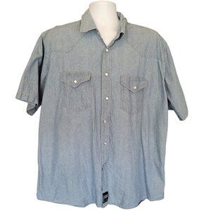 Real Ranch Wear Shirt XL Pearl Snap Blue Chambray Denim Short Sleeve Work Wear